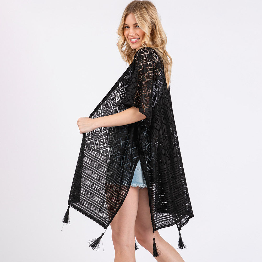 Geometric Pattern Tassel Cover Up Poncho