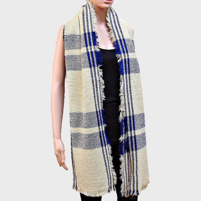 Plaid Check Shawl Scarf with Raw Fringe Trim