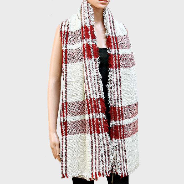 Plaid Check Shawl Scarf with Raw Fringe Trim