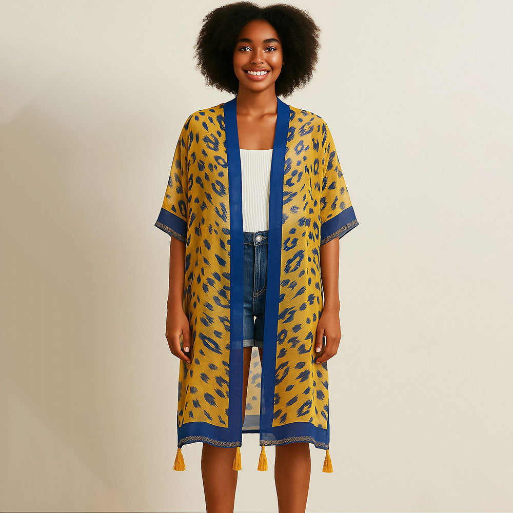 Sheer Leopard Print Tassel Detail Open Front Long Kimono Poncho