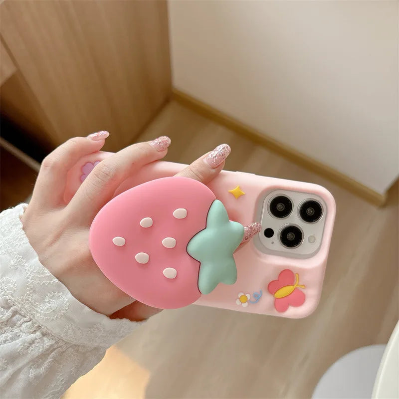 3D Cute Cartoon Strawberry Telescopic Bracket Silicone Phone Case For iPhone