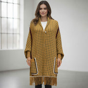 Open Front Houndstooth Fringe Knit Poncho