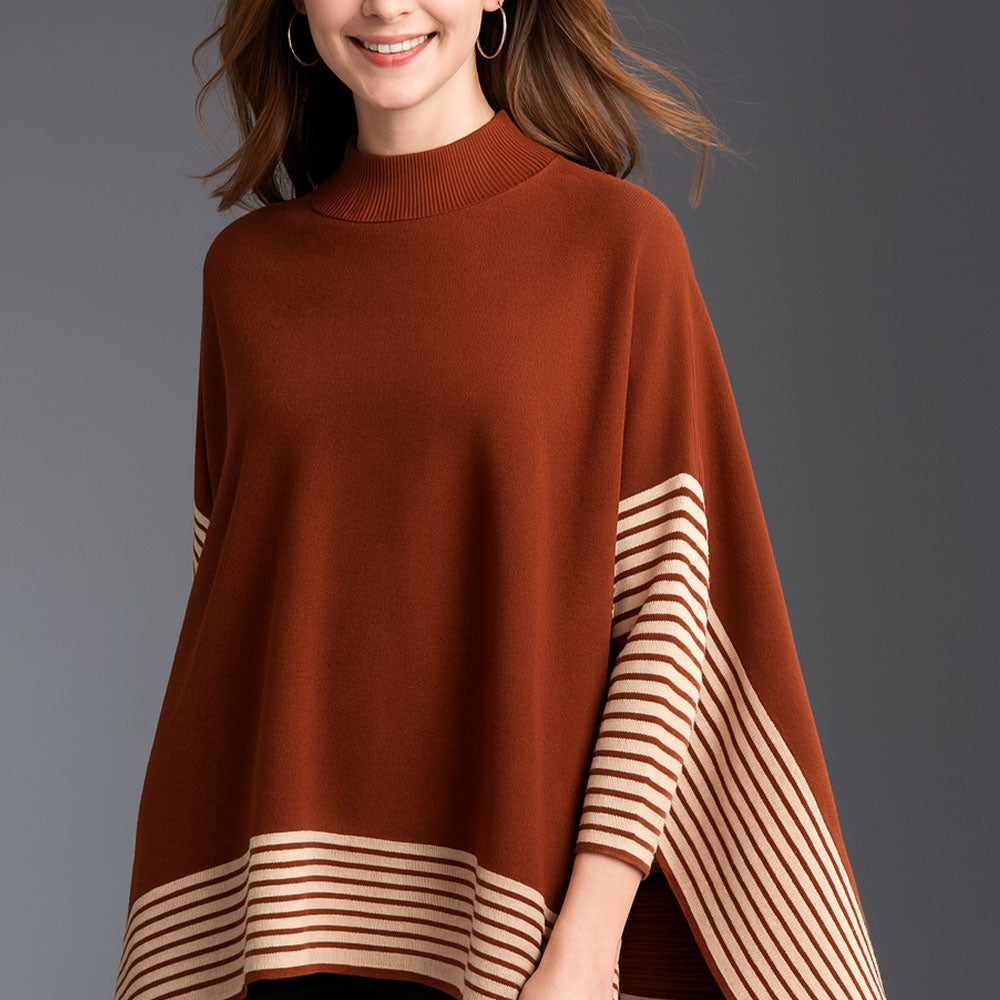 Striped Hem Mock Neck Asymmetrical Poncho