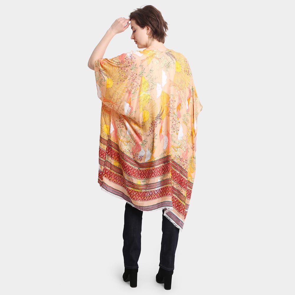 Leaf Patterned Cover Up Kimono Poncho