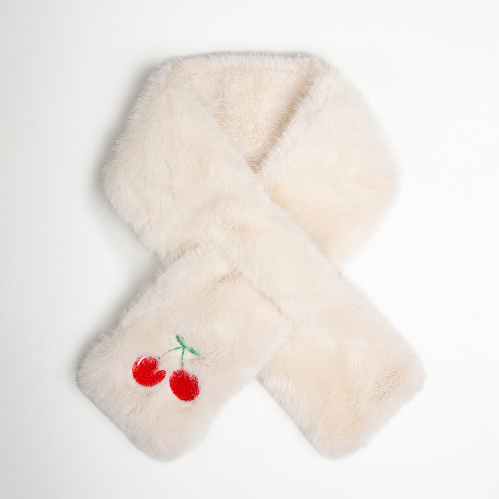 Faux Fur Plush Cherry Embroidered Pull Through Scarf