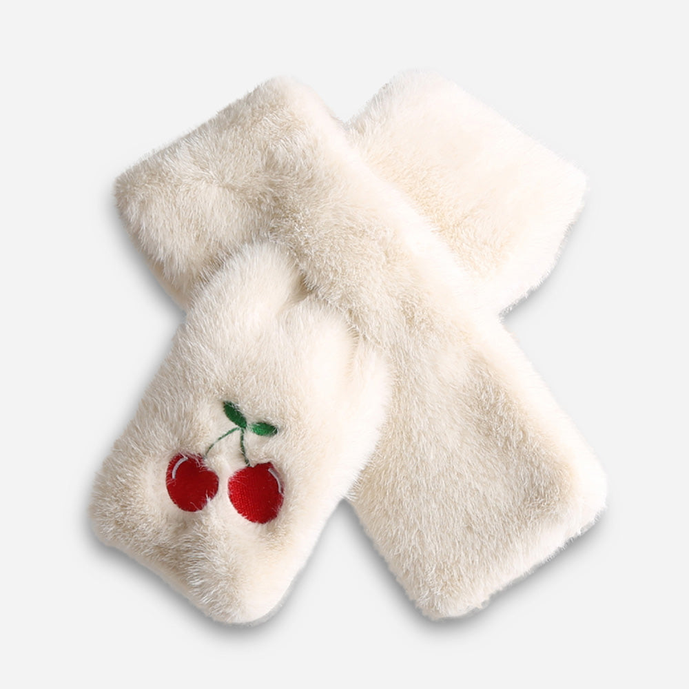 Faux Fur Plush Cherry Embroidered Pull Through Scarf