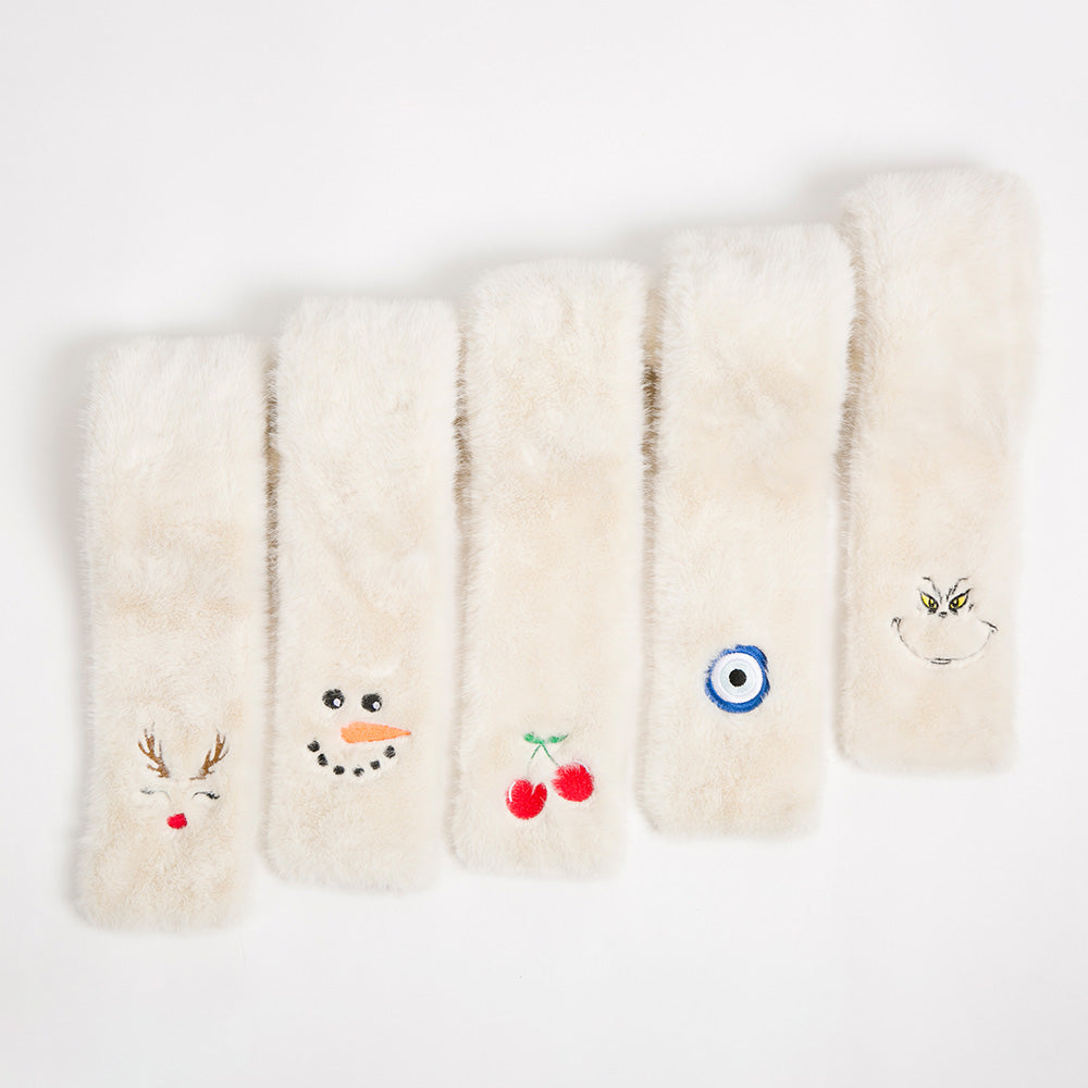 Faux Fur Plush Cherry Embroidered Pull Through Scarf
