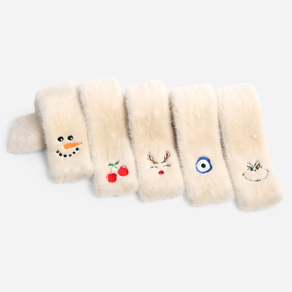 Faux Fur Plush Cherry Embroidered Pull Through Scarf
