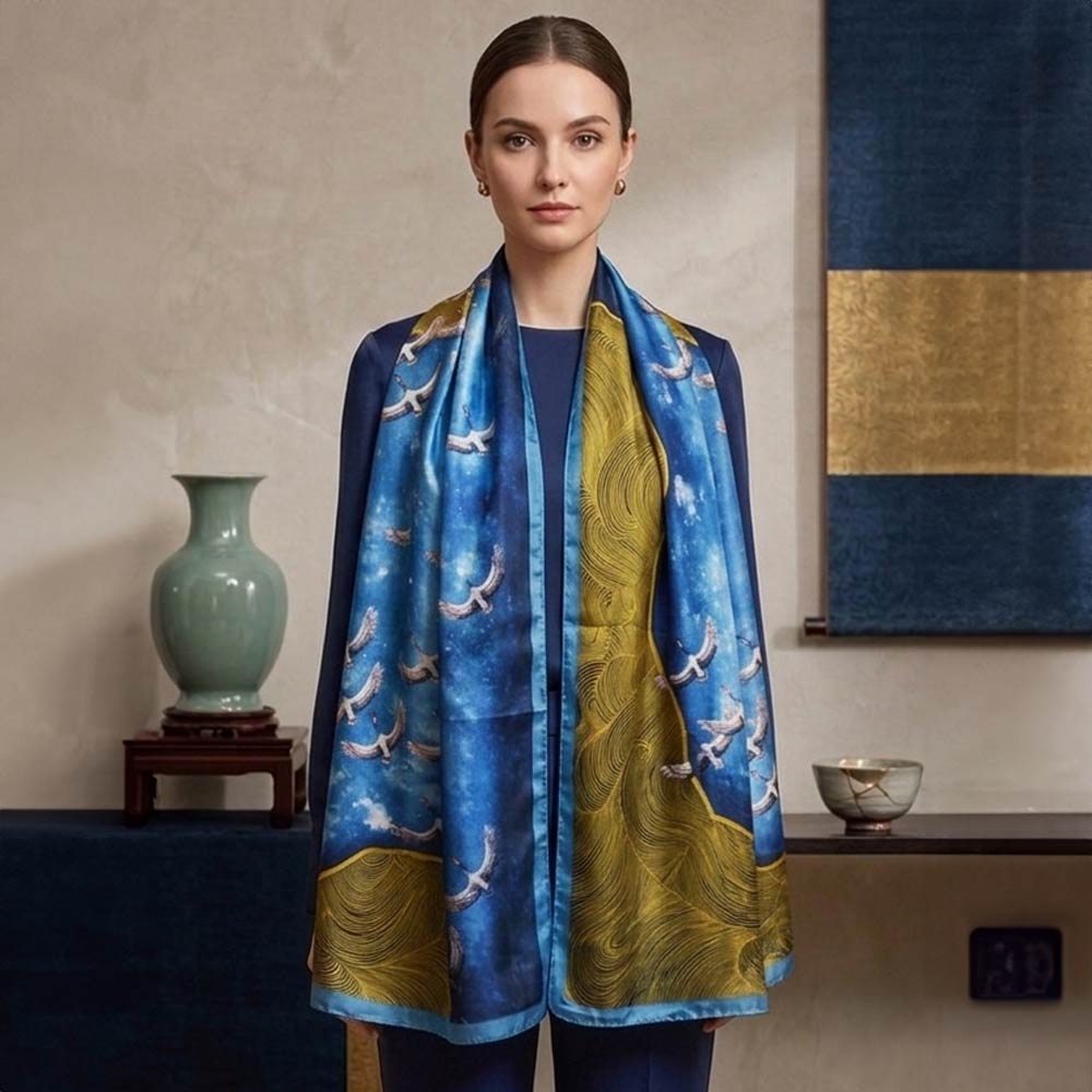 Silk Feel Crane Print Versatile Wrap Scarf