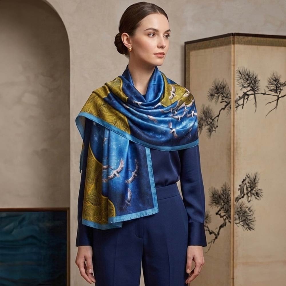 Silk Feel Crane Print Versatile Wrap Scarf