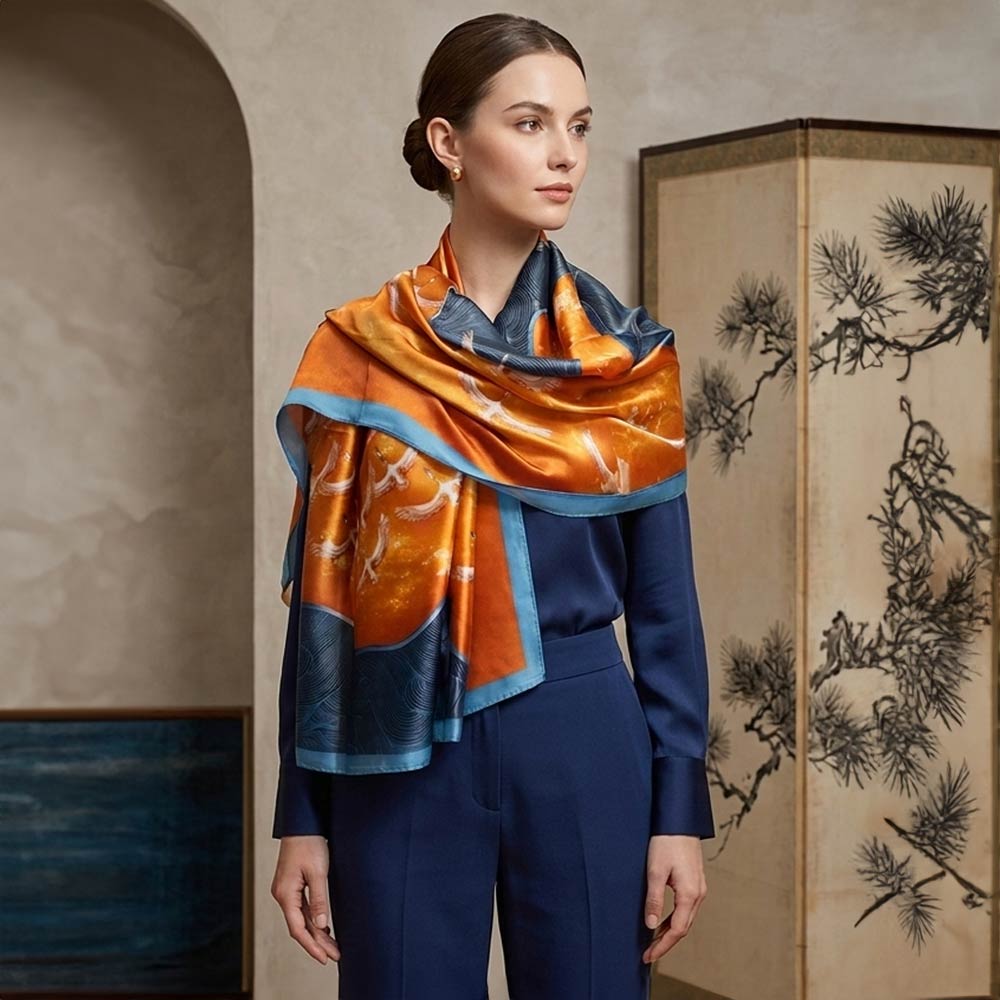Silk Feel Crane Print Versatile Wrap Scarf