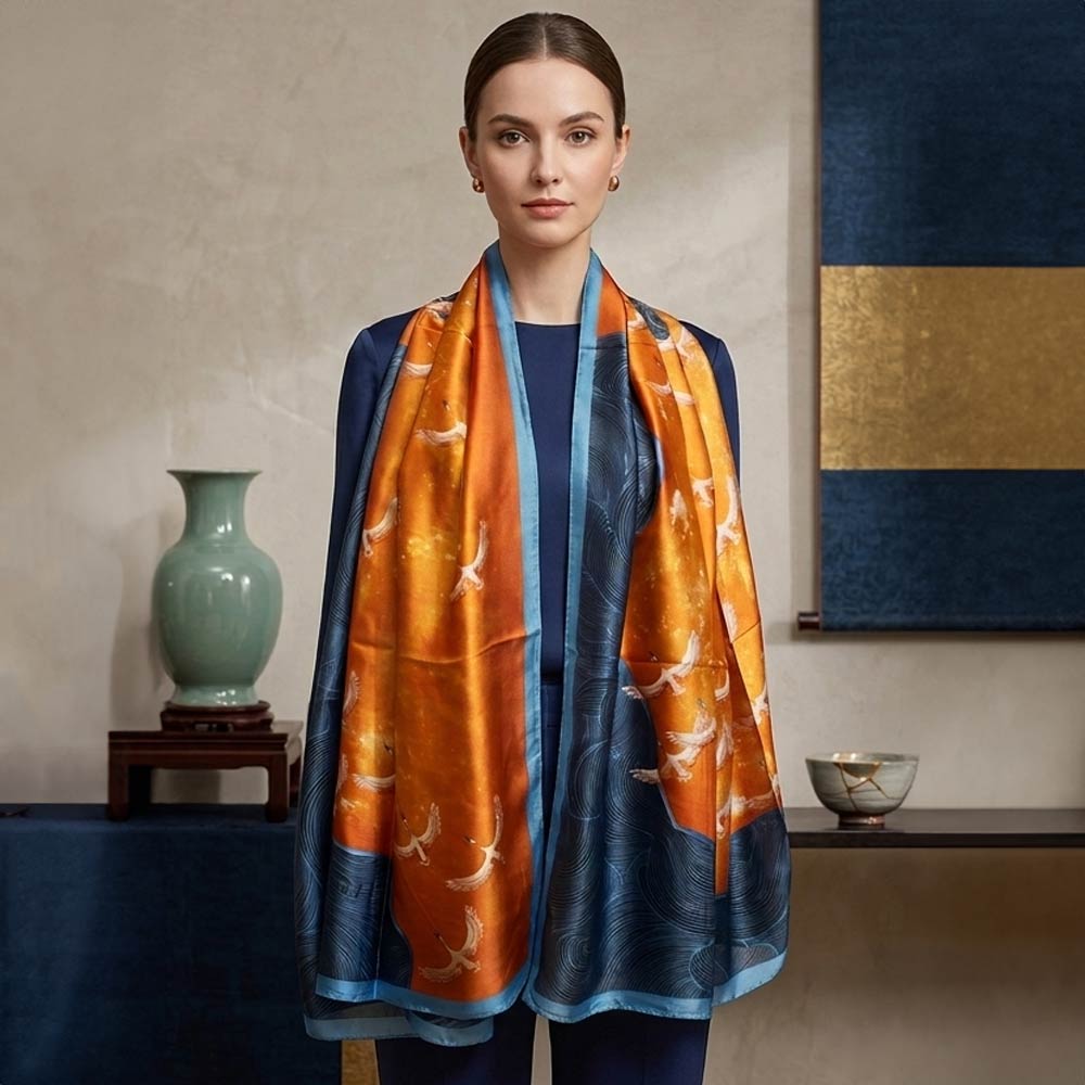 Silk Feel Crane Print Versatile Wrap Scarf