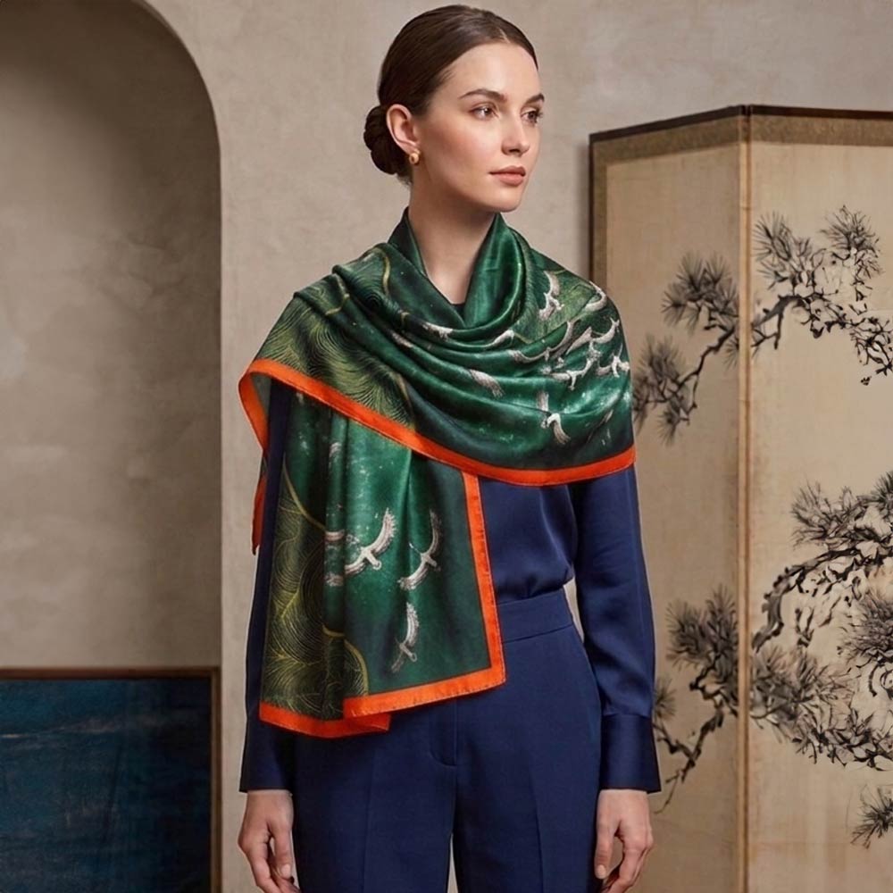 Silk Feel Crane Print Versatile Wrap Scarf