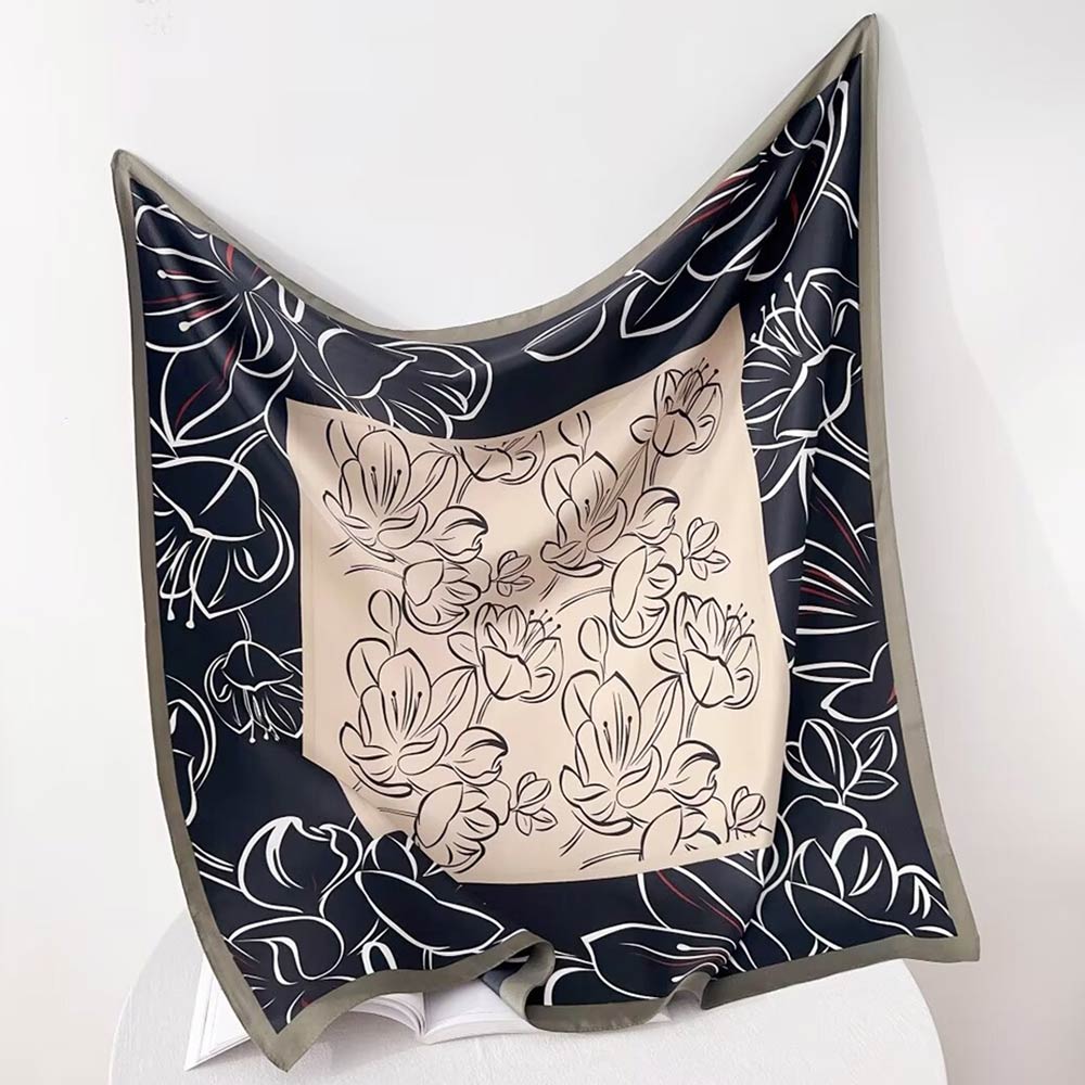 Silk Feel Floral Pattern Print Square Scarf