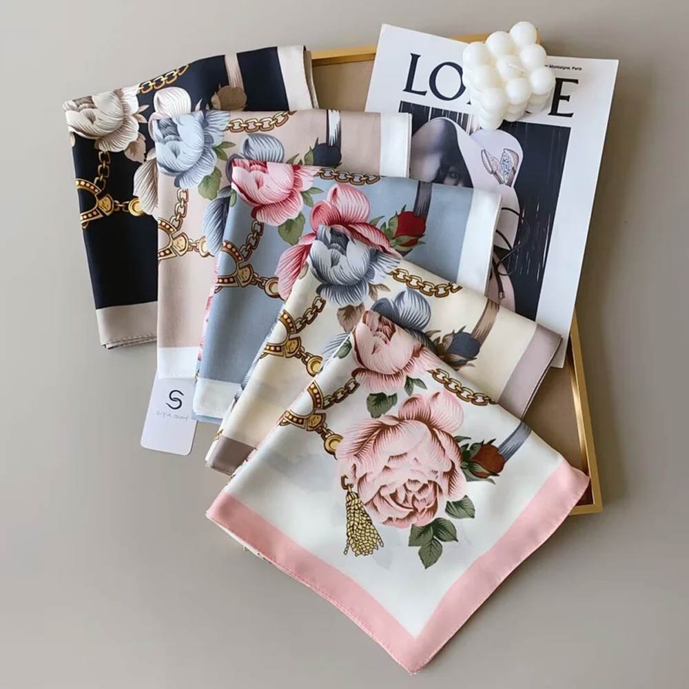 Silk Feel Baroque Rose Chain Print Square Scarf