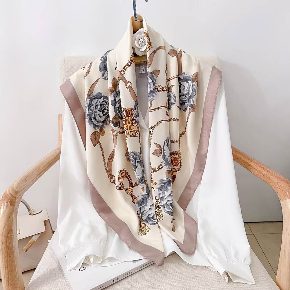 Silk Feel Baroque Rose Chain Print Square Scarf