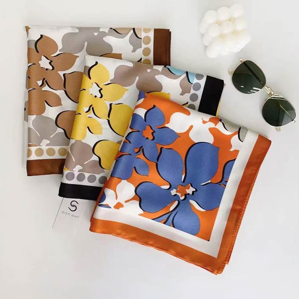 Silk Feel Floral Pattern Print Square Scarf