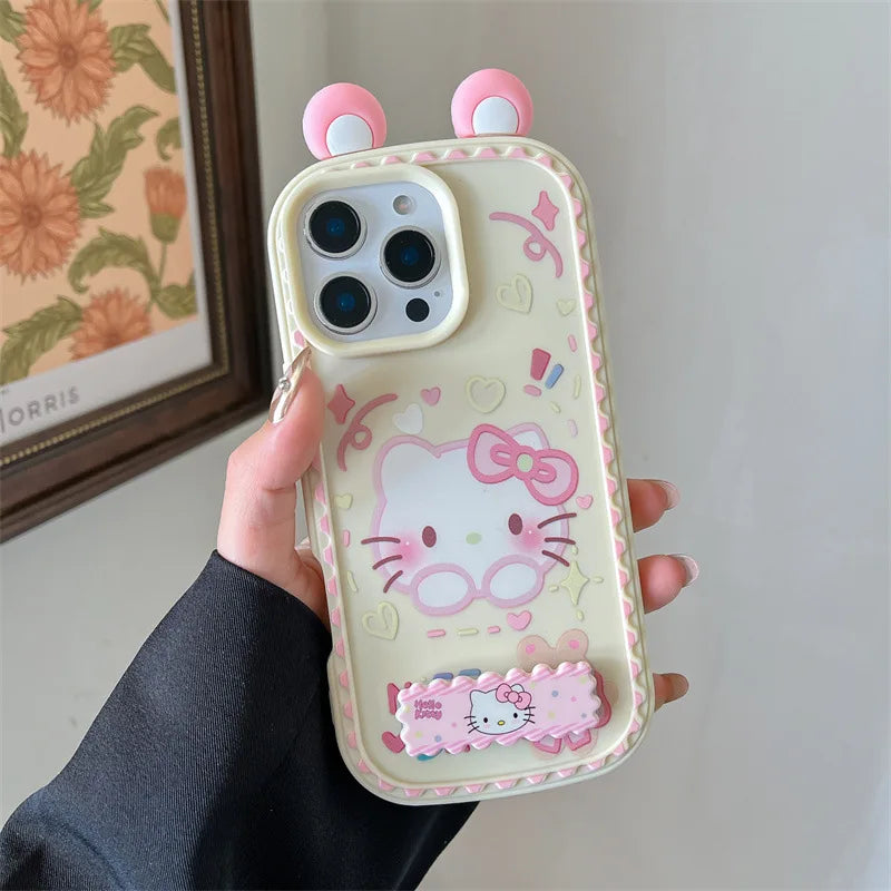 3D Ears Cute Cartoon Hello Kitty Invisible Bracket Phone Case For iPhone