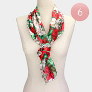 6PCS - Silk Feel Satin Striped Poinsettia Pattern Print Scarves