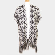 Geometric Pattern Fringe Edge Angora Poncho