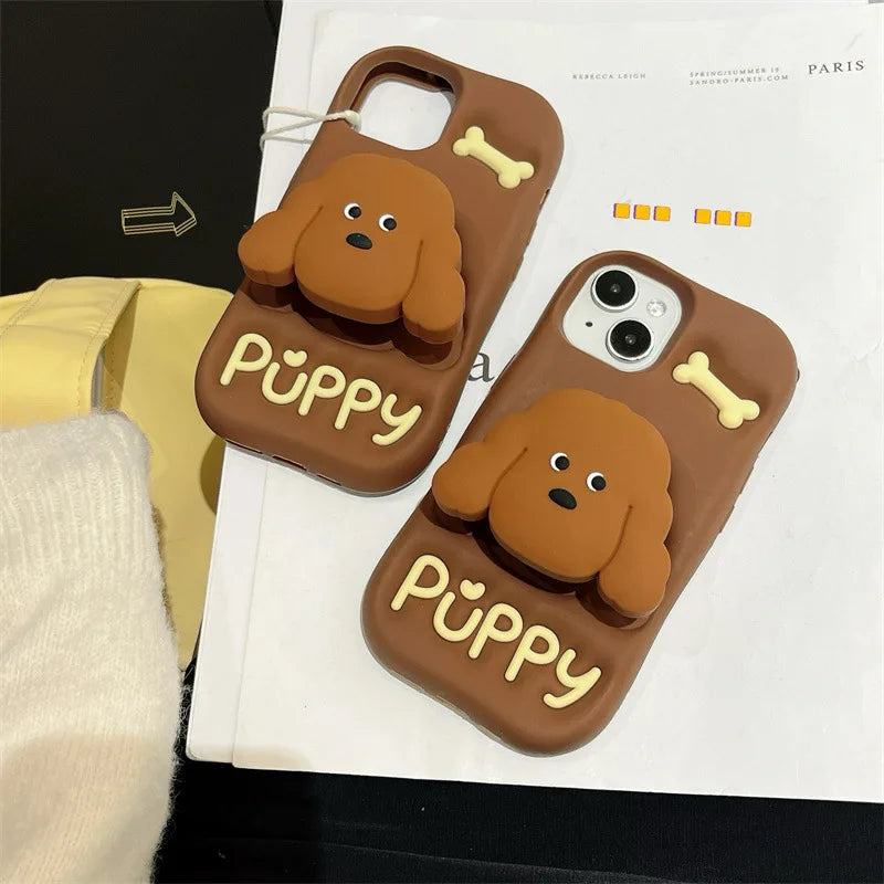 Cute Cartoon Teddy Puppy Silicone Telescopic Bracket Phone Case For iPhone