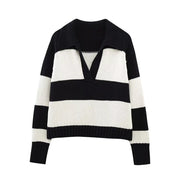 Women Fashion Black Striped Knit Sweater Spring Vintage Polo Neck Long Sleeve Female Pullovers Chic Tops
