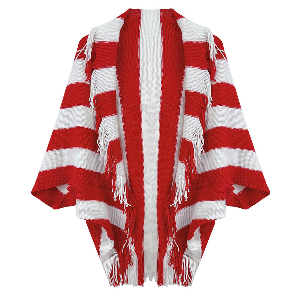 Open Front Striped Fringe Cocoon Shawl Wrap