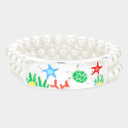 Enamel Starfish Turtle Coral Accented Double Layered Pearl Stretch Bracelet