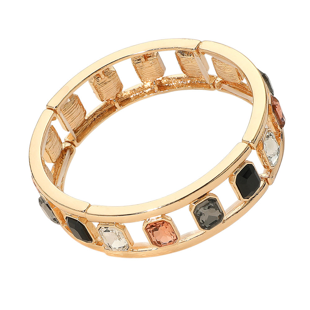 Emerald Cut Stone Embellished Open Frame Stretch Bracelet