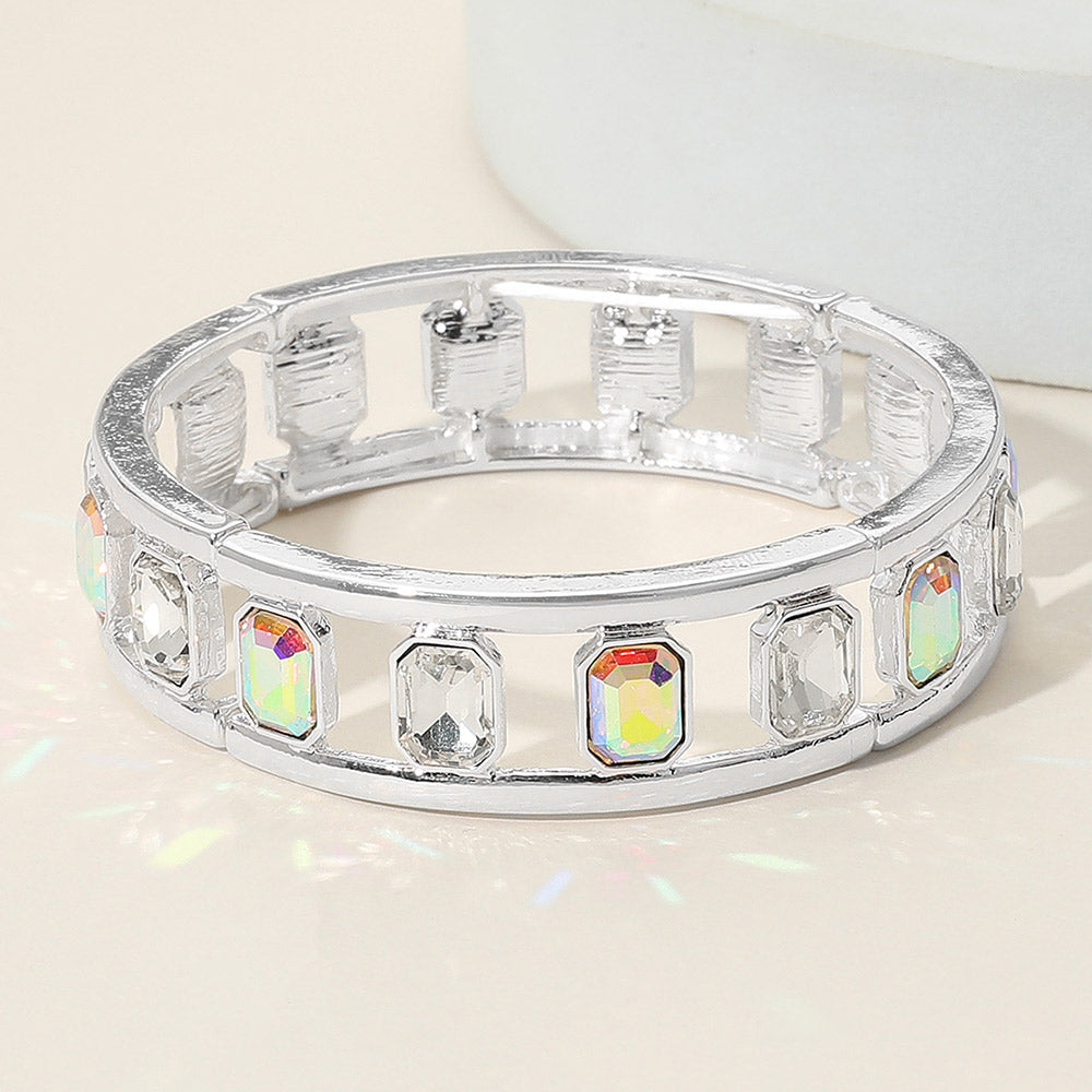 Emerald Cut Stone Embellished Open Frame Stretch Bracelet