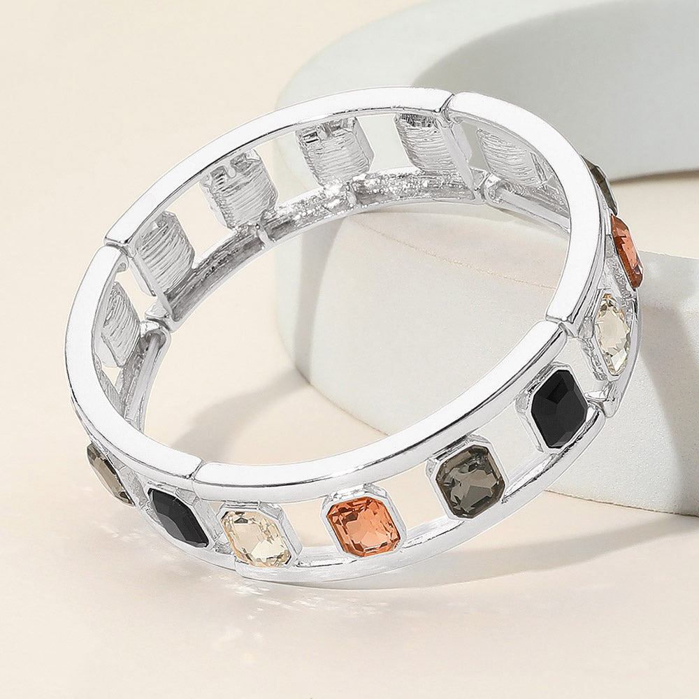 Emerald Cut Stone Embellished Open Frame Stretch Bracelet