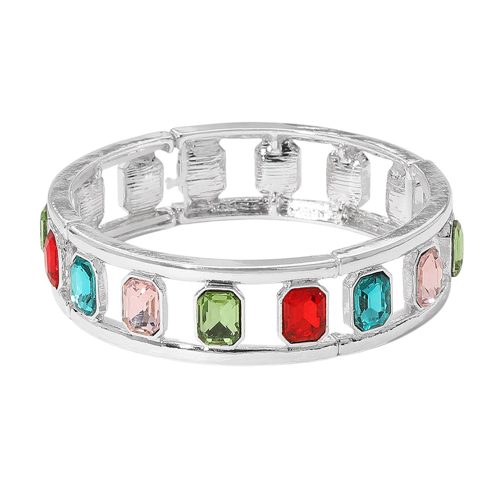 Emerald Cut Stone Embellished Open Frame Stretch Bracelet