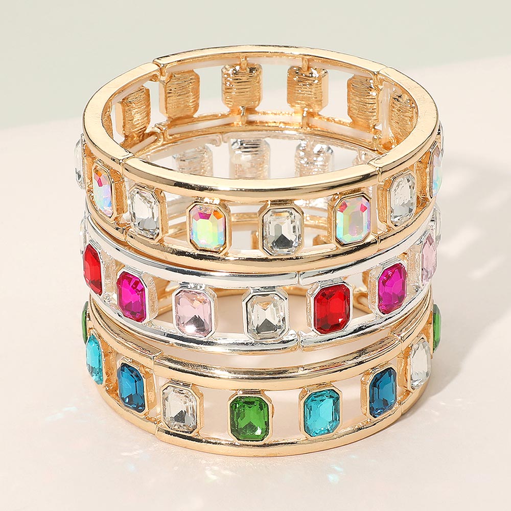 Emerald Cut Stone Embellished Open Frame Stretch Bracelet