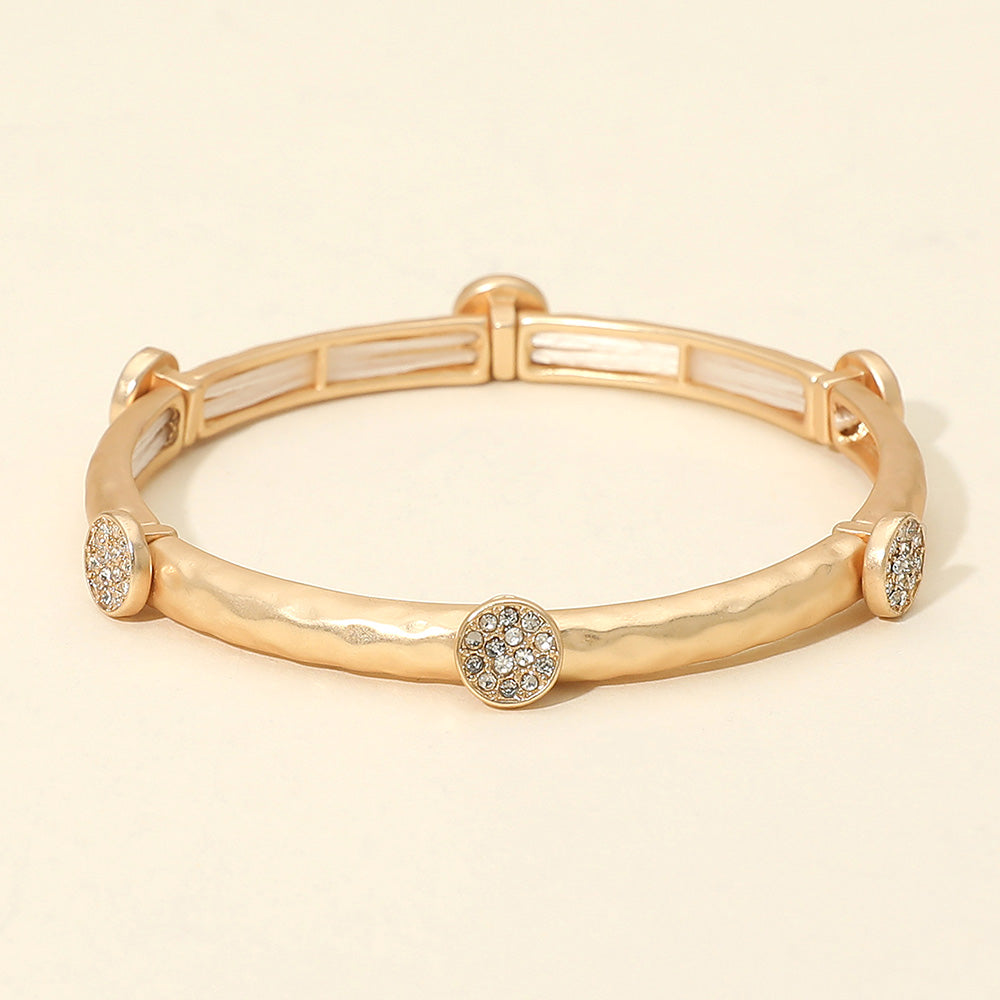 Stone Pave Disc Accent Hammered Metal Stretch Bracelet