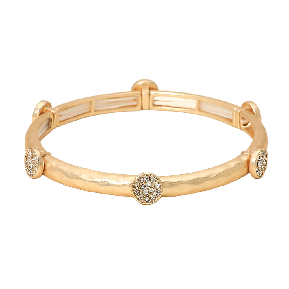 Stone Pave Disc Accent Hammered Metal Stretch Bracelet