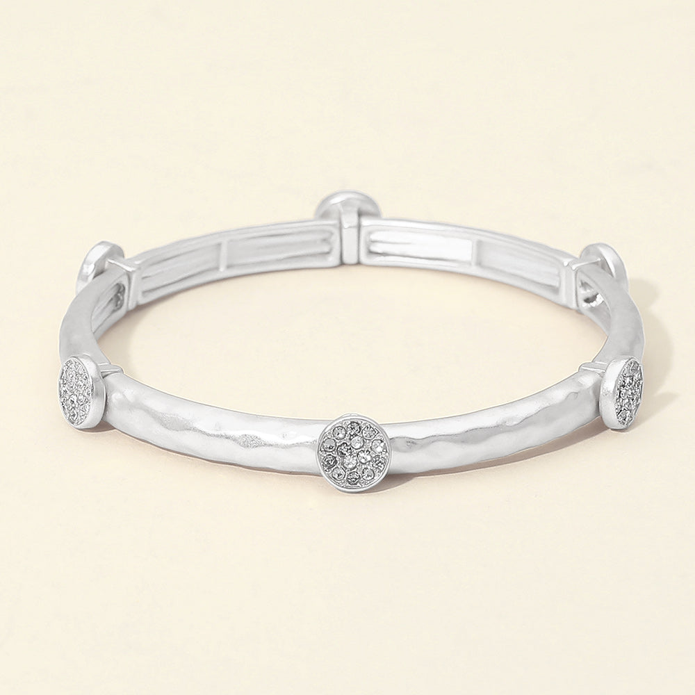 Stone Pave Disc Accent Hammered Metal Stretch Bracelet