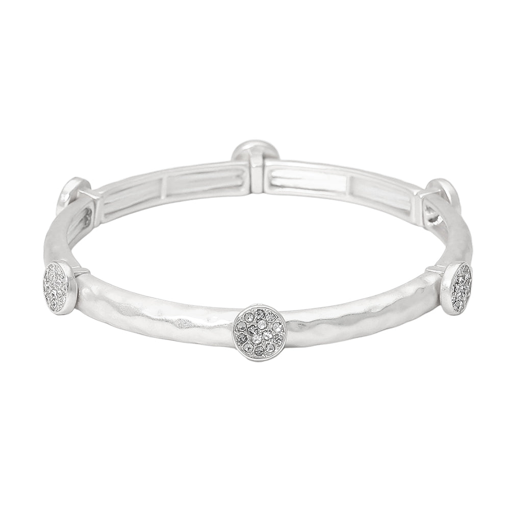 Stone Pave Disc Accent Hammered Metal Stretch Bracelet