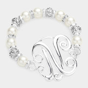 -N- Initial Monogram Charm Pearl Filigree Stretch Bracelet