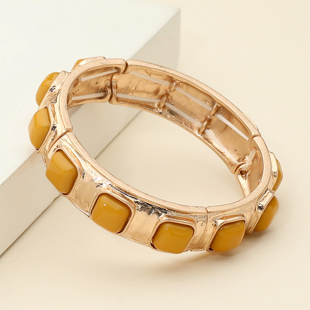 Square Bead Embellished Hammered Metal Stretch Bracelet
