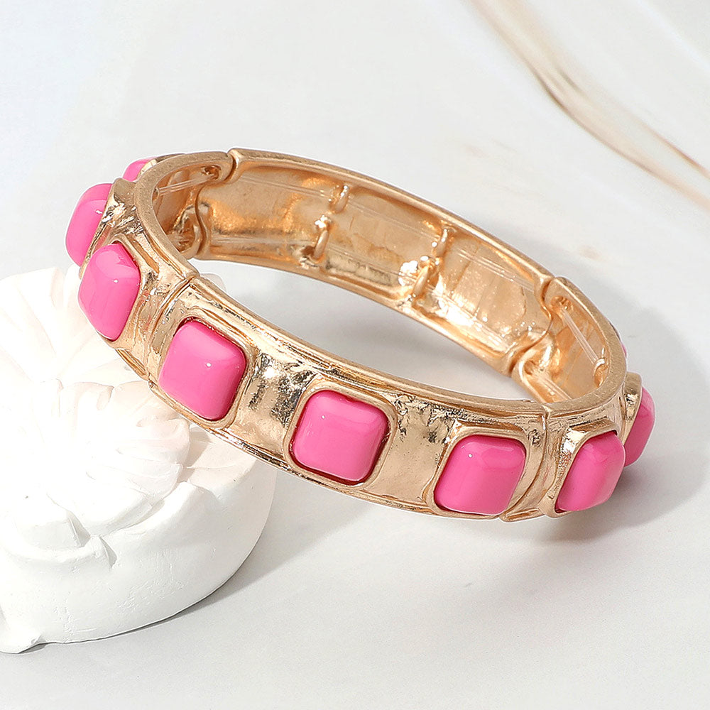 Square Bead Embellished Hammered Metal Stretch Bracelet