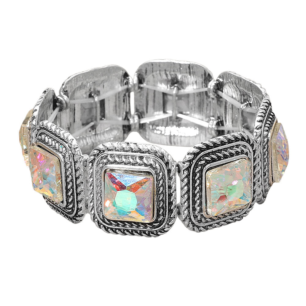 Vintage Square Stone Cluster Beaded Stretch Bracelet