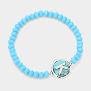 -K- Initial Monogram Turquoise Charm Faceted Beaded Stretch Bracelet