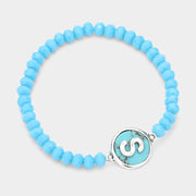 -S- Initial Monogram Turquoise Charm Faceted Beaded Stretch Bracelet