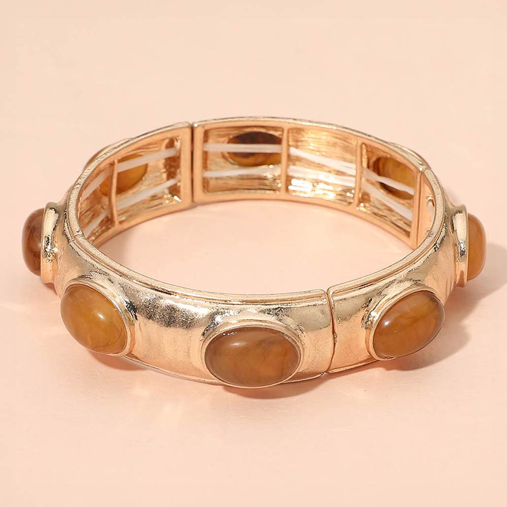 Marbled Oval Stone Accent Hammered Metal Beaded Stretch Bracelet