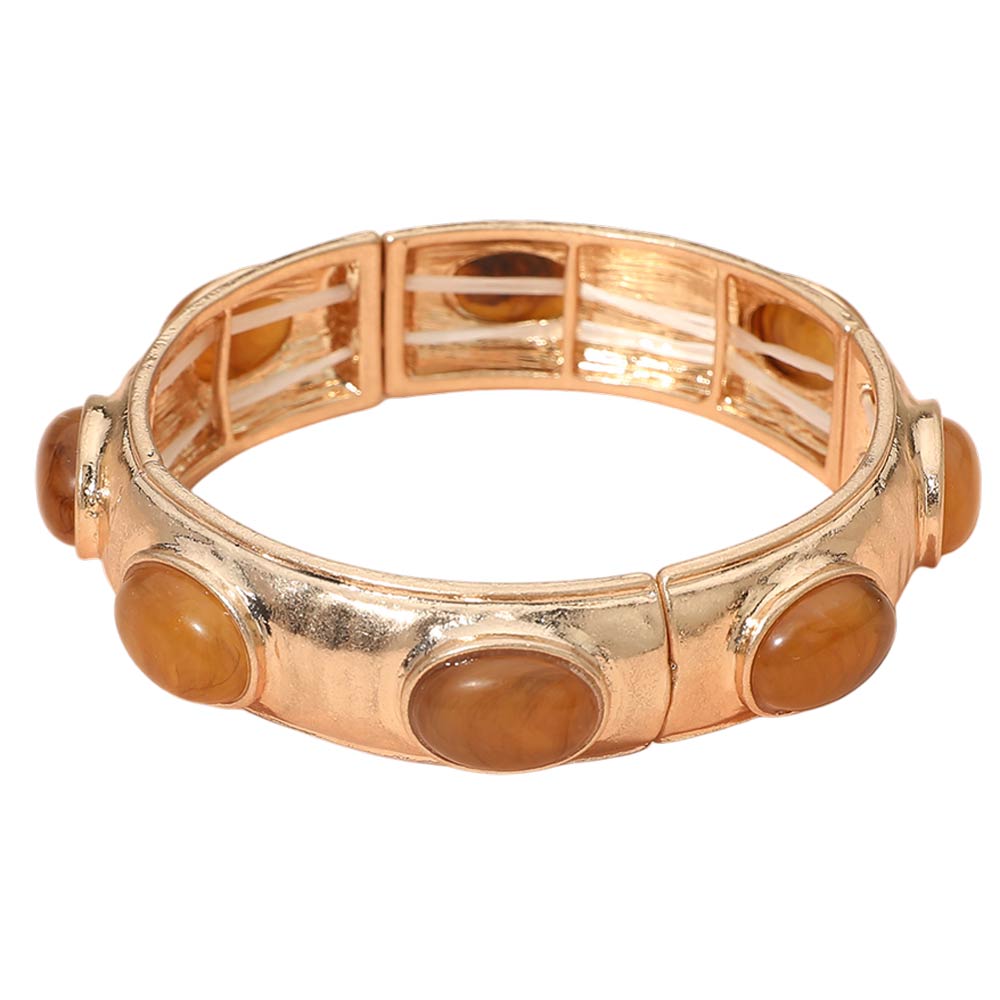 Marbled Oval Stone Accent Hammered Metal Beaded Stretch Bracelet