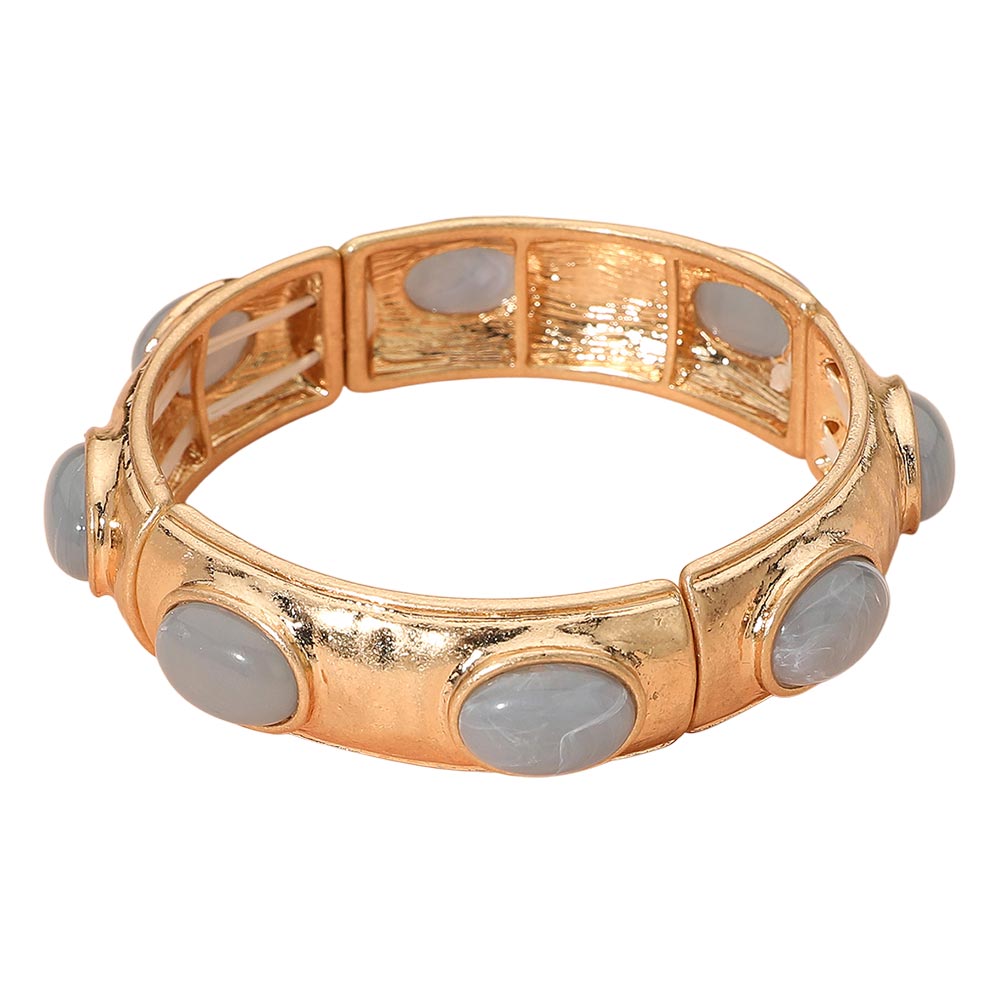 Marbled Oval Stone Accent Hammered Metal Beaded Stretch Bracelet