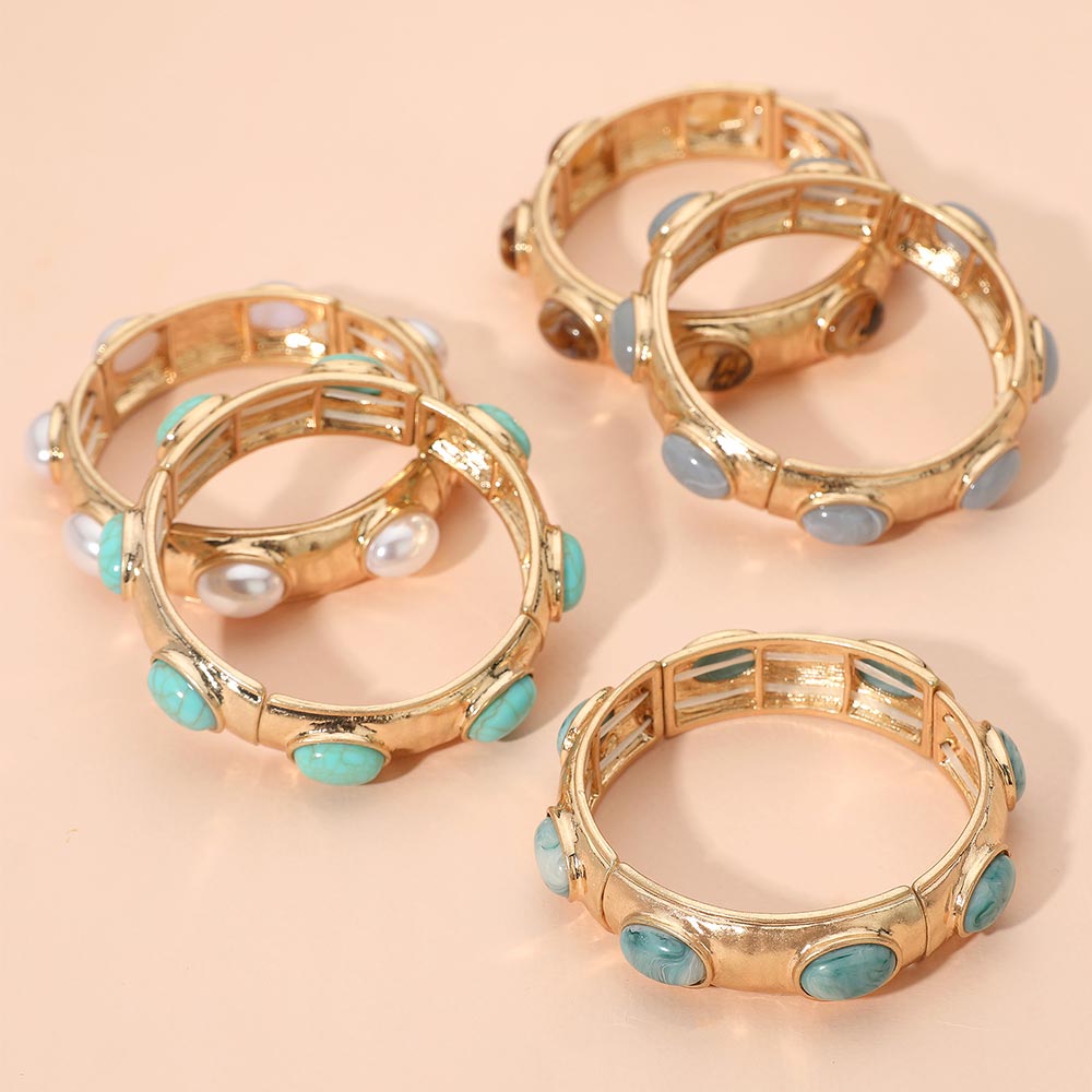 Marbled Oval Stone Accent Hammered Metal Beaded Stretch Bracelet