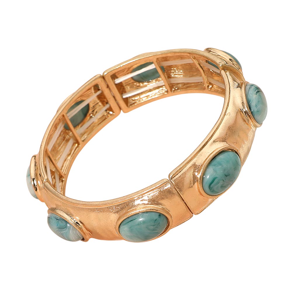 Marbled Oval Stone Accent Hammered Metal Beaded Stretch Bracelet