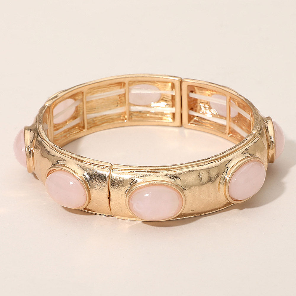 Marbled Oval Stone Accent Hammered Metal Beaded Stretch Bracelet