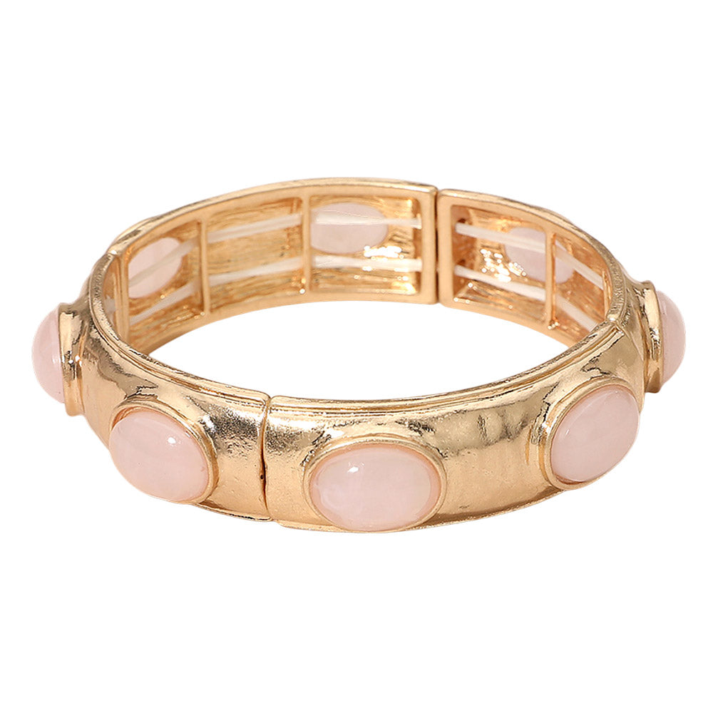Marbled Oval Stone Accent Hammered Metal Beaded Stretch Bracelet